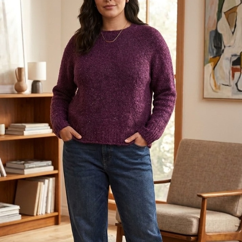 NATURAL LIFE Purple Bouclé Knit Sweater Medium NWT Wool Blend Soft Cozy